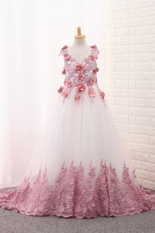 Scoop A Line Tulle Flower Girl Dresses With Applique And Handmade Flowers