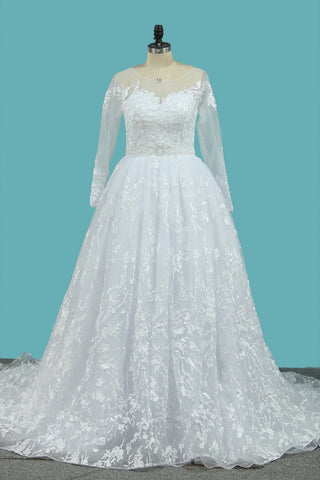 Lace Wedding Dresses Long Sleeves Scoop A Line With Applique And Beads Court Train