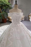 Luxurious Satin Wedding Dresses Lace Up Boat Neck With Appliques And Sequins