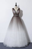 Elegant A Line Long Tulle V Neck Straps Prom Dresses, Lace up Party Dresses SJS15147