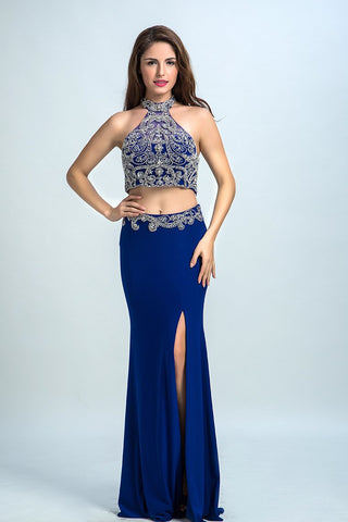 Halter Prom Dresses Beaded Bodice With Slit