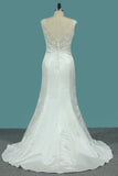 Bateau Wedding Dresses Mermaid Satin With Applique Sweep Train