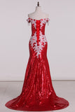 Prom Dresses Sweep Train Mermaid Off-The-Shoulder Sequins Lace Red