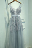 V Neck Prom Dresses A Line Tulle With Applique Open Back