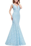 Sexy Fitted Lace Mermaid Blue V Neck Long Prom Dresses Evening Dresses SJS15334