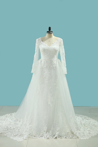 V Neck Sheath Wedding Dresses With Applique Long Sleeves Detachable Train