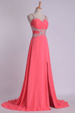 Pleated Bodice Low Back Chiffon Sleeveless A Line Spaghetti Straps Prom Dress