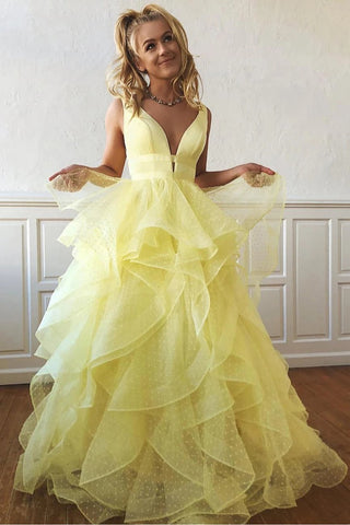 A Line Yellow Multi-layered Polka Dot Organza Prom Dresses Long Sweet 16 SJS20388