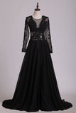 Prom Dresses Scoop Long Sleeves Chiffon With Applique And Slit