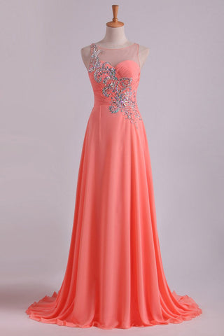 Prom Dress Bateau Fitted And Ruffled Bodice With Long Chiffon Skirt Sweep Train