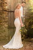 Mermaid Spaghetti Straps Backless Ivory Lace Wedding Dress