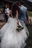 Elegant See Through Long Sleeve Wedding Dresses Lace Applique Bridal Dress