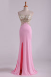 Hot Sexy Prom Dresses Sheath With Slit And Applique Sweep Train Spandex