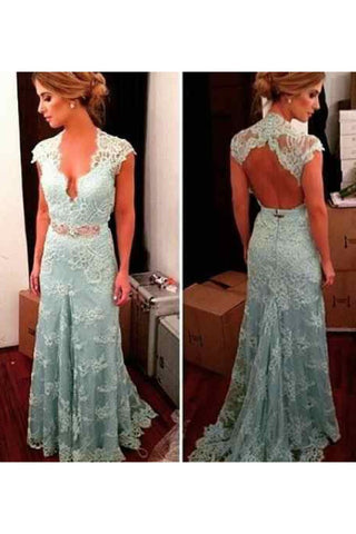 Sexy Open Back V Neck Lace Prom Dresses Mermaid Sweep Train