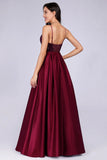 Deep V Neck Long Sleeveless Spaghetti Straps Burgundy Satin Evening Prom Dresses SJS15140