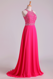 Halter Prom Dresses Beaded Bodice Open Back A Line Chiffon & Tulle Sweep Train