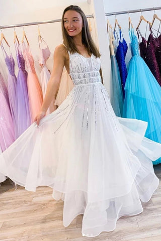 Puffy White V Neck Tulle Sequins Long Prom Dress A Line Backless Evening Dresses SJS15313