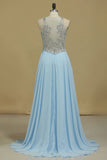 Chiffon & Tulle V Neck Prom Dresses Beaded Bodice A Line