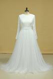 Plus Size Long Sleeves Wedding Dresses Scoop A Line Tulle & Lace Sweep Train