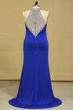 Dark Royal Blue Prom Dresses Sheath Scoop With Beading Sweep Train