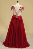 A Line Scoop Prom Dresses Tulle With Beading Sweep Train