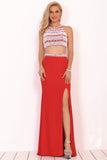 Two-Piece Scoop Prom Dresses Spandex With Beads And Slit