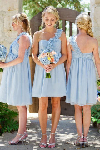 A Line One Shoulder Knee Length Romantic Bridesmaid Dresses