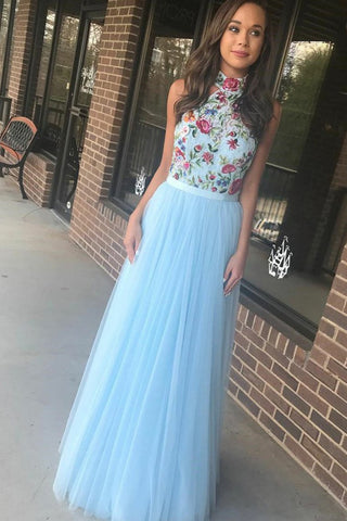 Elegant Halter Sky Blue Long Open Back Flowy Embroidery Prom Dresses