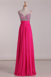 Prom Dresses A Line Spaghetti Straps Beaded Bodice Chiffon