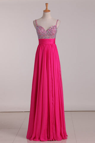 Prom Dresses A Line Spaghetti Straps Beaded Bodice Chiffon