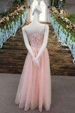 Scoop Neck A-Line Prom Dresses Tulle Lace Up With Appliques And Bow Knot