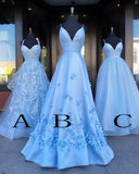 Charming Blue Spaghetti Straps V Neck Flowers Long Prom Dresses Satin Unique Formal Dresses SJS15098