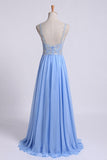 Low Back Straps A Line Chiffon Prom Dress With Lace Bodice