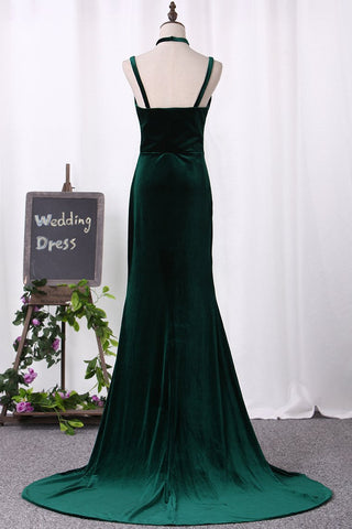 Velvet With Slit Spaghetti Straps Evening Dresses Sheath Sweep Train