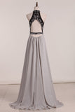 Chiffon High Neck Open Back Prom Dresses Beaded Bodice A Line