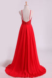 Red Spaghetti Straps Beaded Bodice A-Line Chiffon Prom Dresses