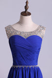 Scoop Prom Dresses A Line Pleated Bodice Chiffon With Beads Dark Royal Blue