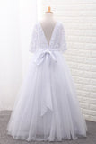 Mid-Length Sleeves Scoop Ball Gown Flower Girl Dresses Tulle With Sash