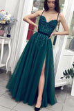 Charming A Line Tulle Spaghetti Straps Beading Prom Dresses Evening SJSP6CP4ZJB