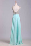 V Neck Prom Dresses A Line Beaded Bodice Sweep Train Chiffon And Tulle