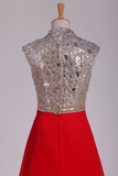 Prom Dresses V Neck A Line Beaded&Sequined With Slit Sweep Train Chiffon