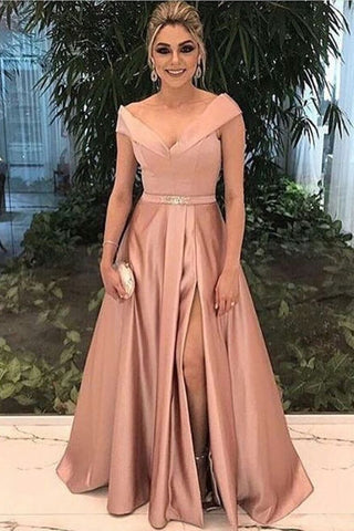 A Line New Arrival Off The Shoulder Satin Evening Dresses With Slit Zipper Back