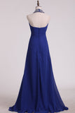 Dark Royal Blue Halter Bridesmaid Dresses Chiffon With Beading Floor Length