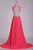 Sexy Open Back Halter A Line Prom Dresses Chiffon With Applique Sweep Train