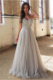 Spaghetti Straps Beaded Bodice Prom Dresses A Line Tulle Sweep Train