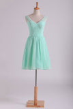 V-Neck A Line Knee Length Lace & Chiffon Bridesmaid Dresses Mint