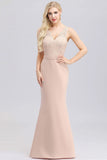 Elegant V-Neck Floral Lace Pink Evening Dress Satin Prom Dresses SJS15216