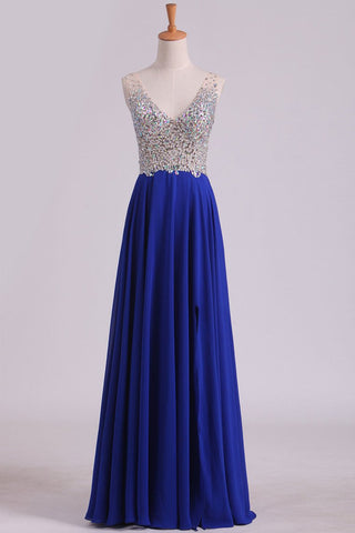 V Neck Beaded Bodice A Line Prom Dresses Chiffon With Slit Sweep Train