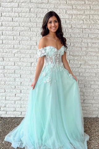 Tulle Applique Mint Green Off the Shoulder A line Evening Dresses Long Prom Dresses