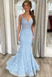 Light Blue Spaghetti Straps Lace Evening Dresses Mermaid Long Prom Dresses